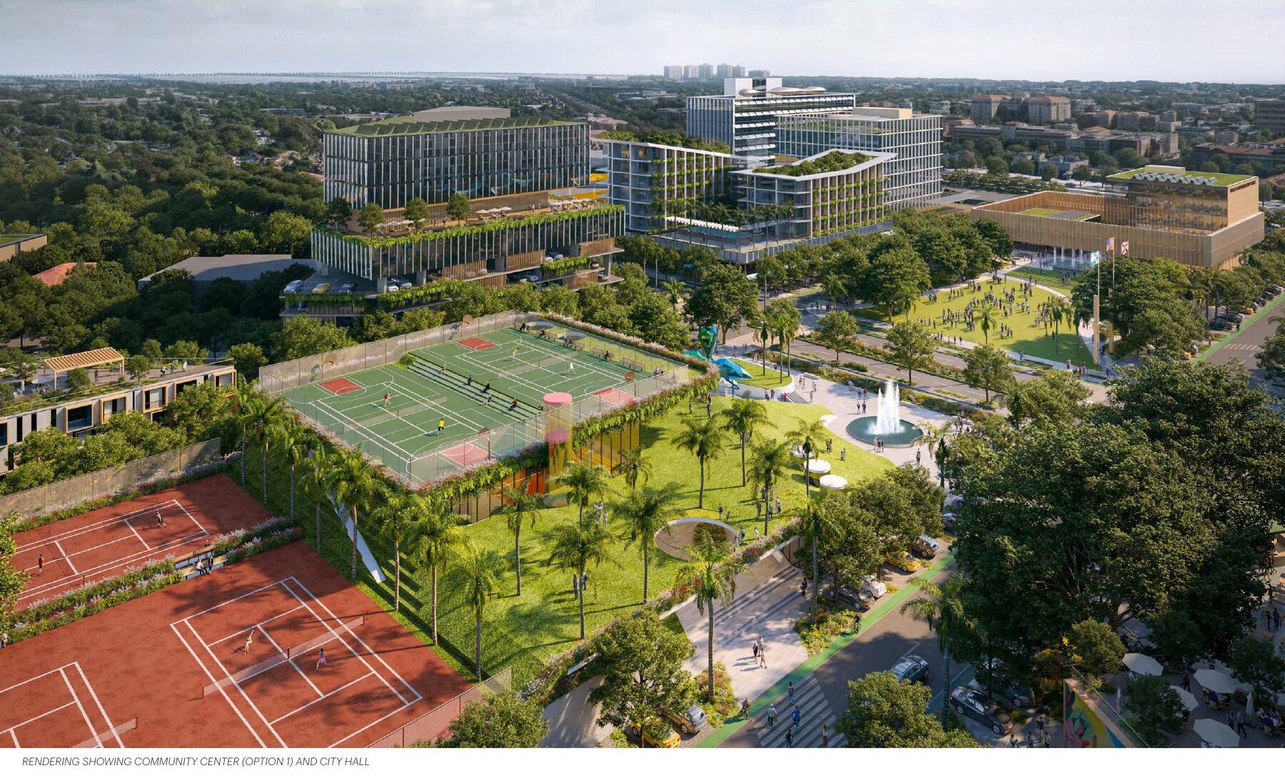 Aerial rendering of the proposed Boca Raton City Center — the redeveloped downtown government campus with a new City Hall, community center, athletic facilities, and parks. Publicly-submitted master plan; Terra / Frisbie Group / KPF.