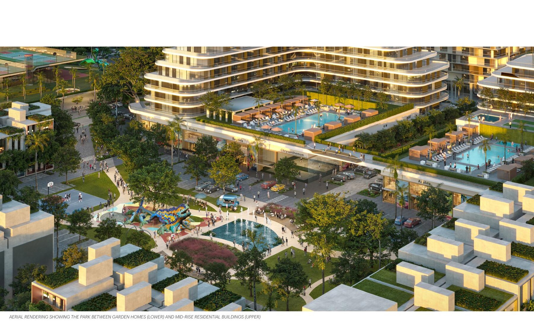 Aerial rendering of the mixed-use blocks, pool deck, and public realm in the proposed City Center master plan. Terra / Frisbie Group / KPF.
